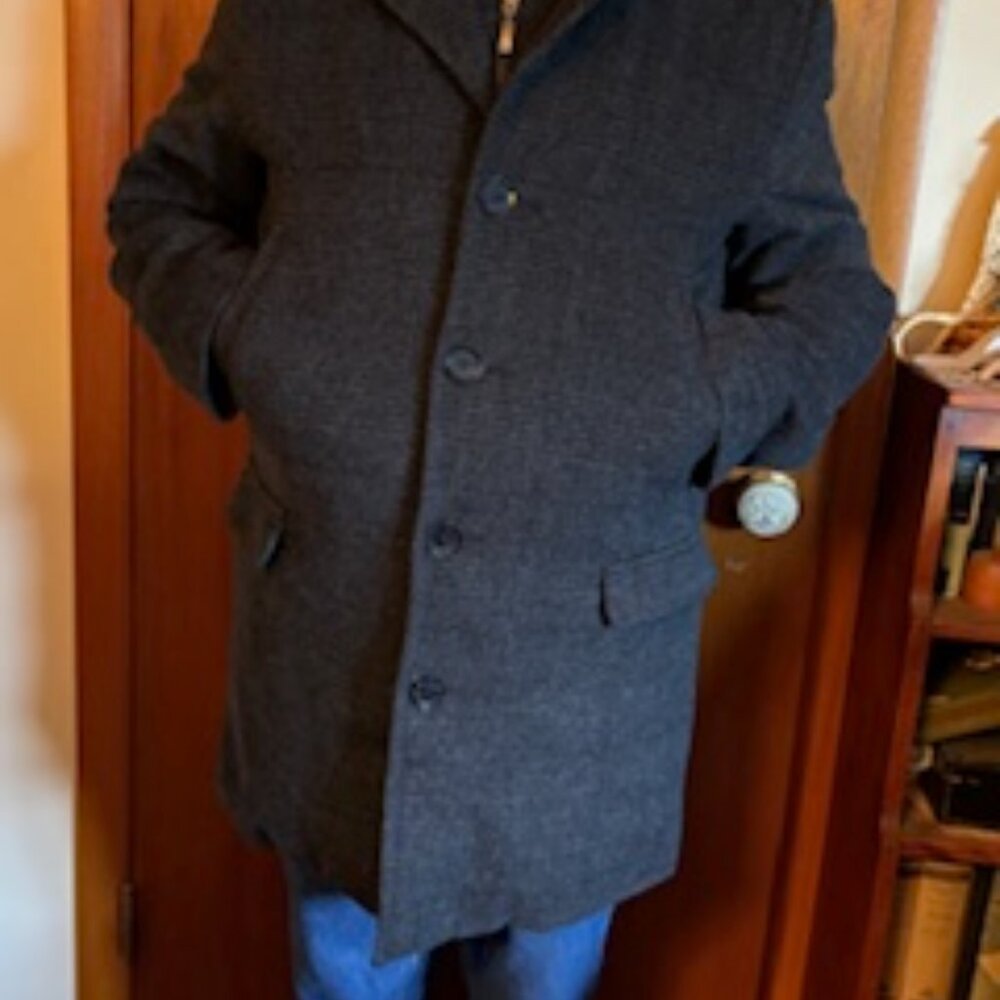 Dressy casual coat, integral matching faux vest, wool blend. Subtle gray check